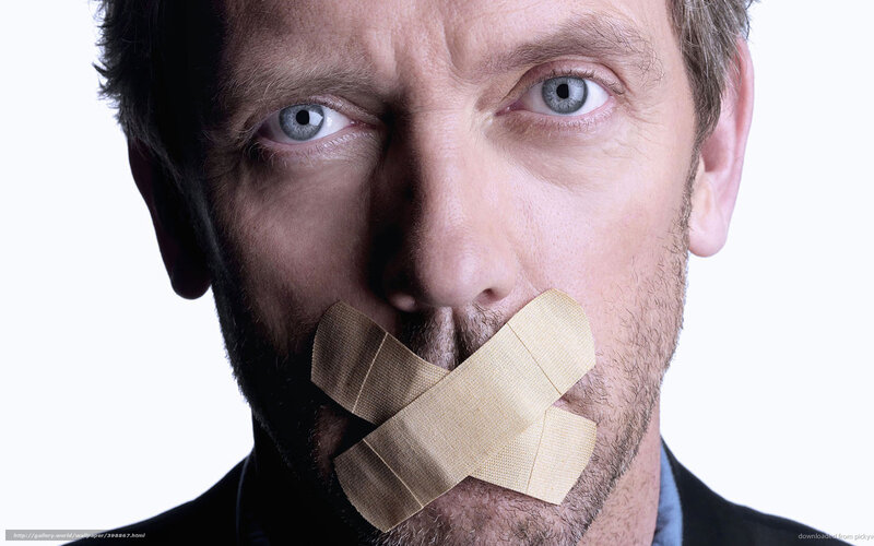 Man with Tape over Mouth — White, Dramatic