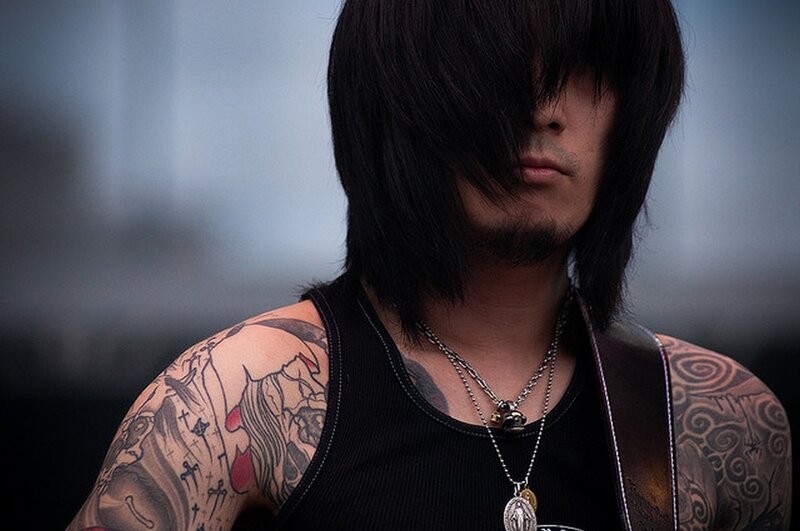Man with Tattoos — Black, Serious, Photograph, Necklace