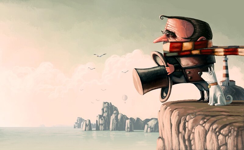 man with telescope on cliff