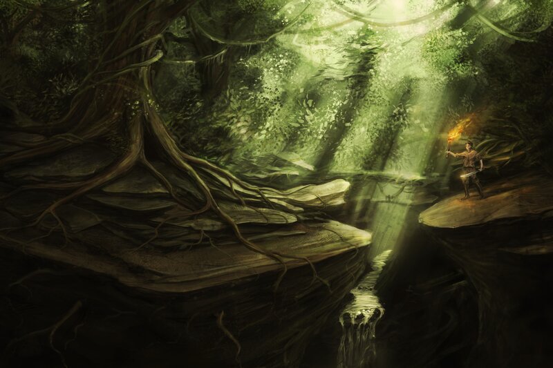 Man with Torch in Forest