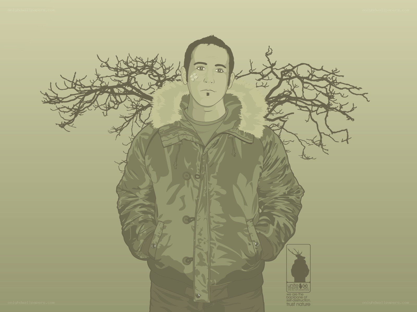 man with tree branches on shoulders