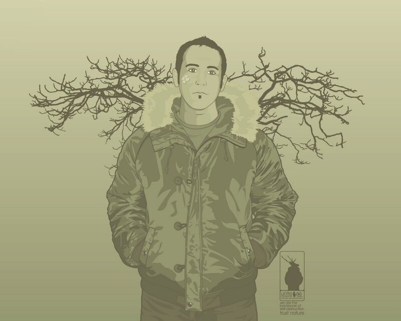 man with tree branches on shoulders