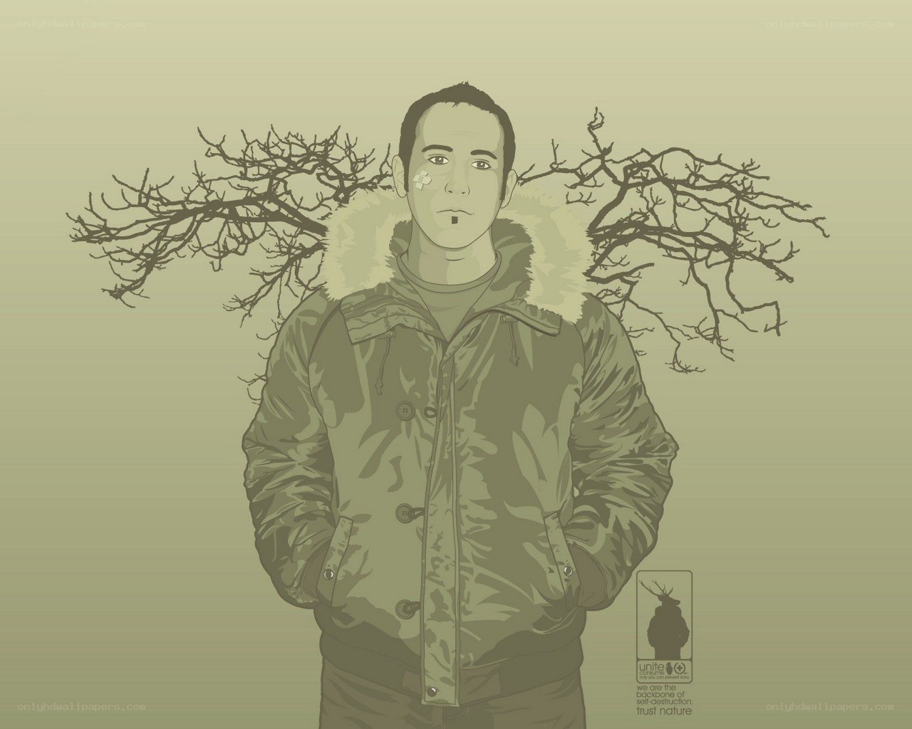 man with tree branches on shoulders
