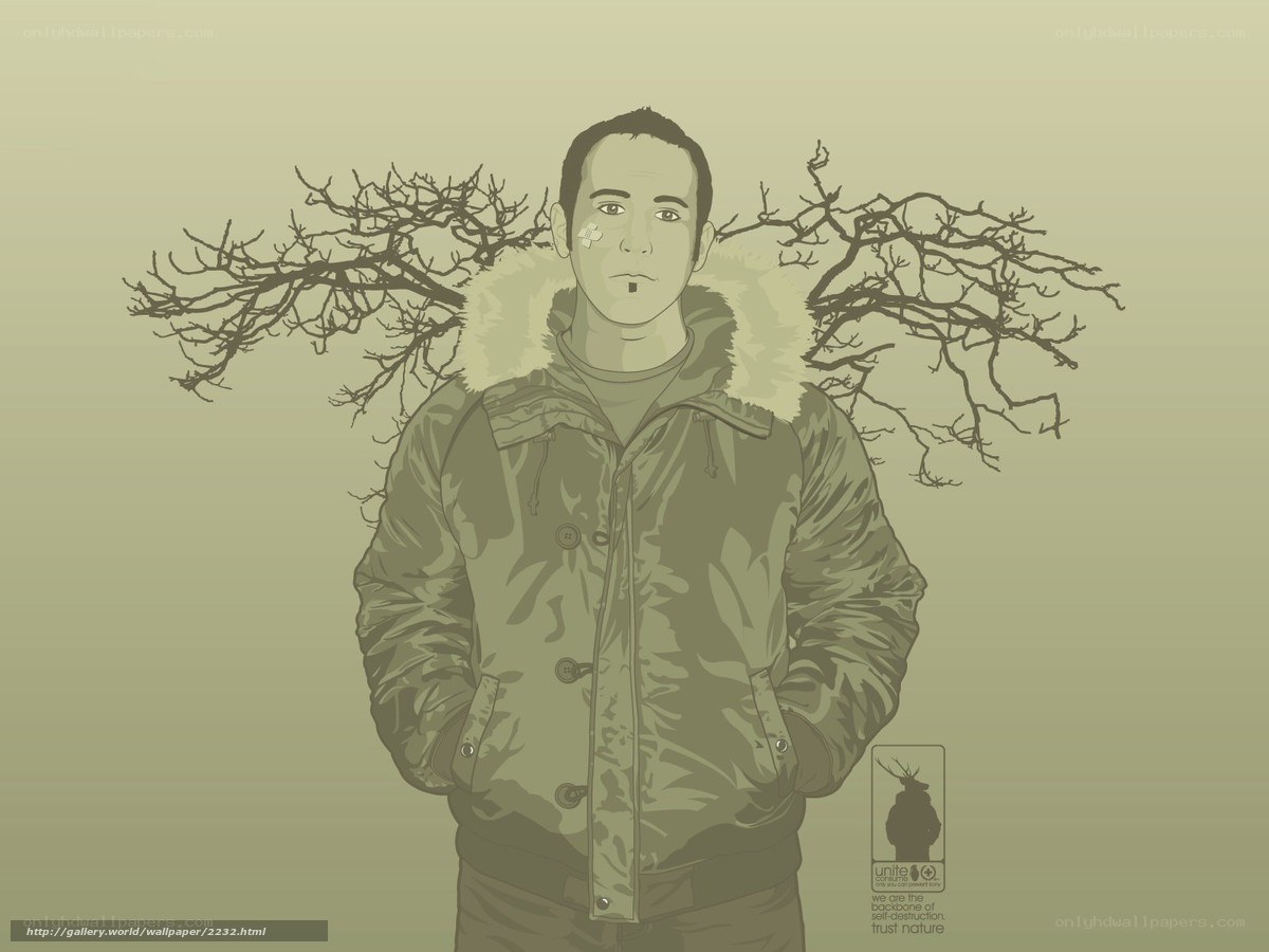 man with tree branches on shoulders