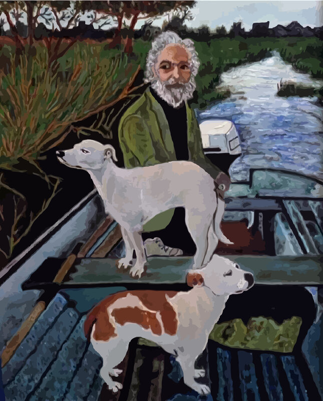man with two dogs in boat
