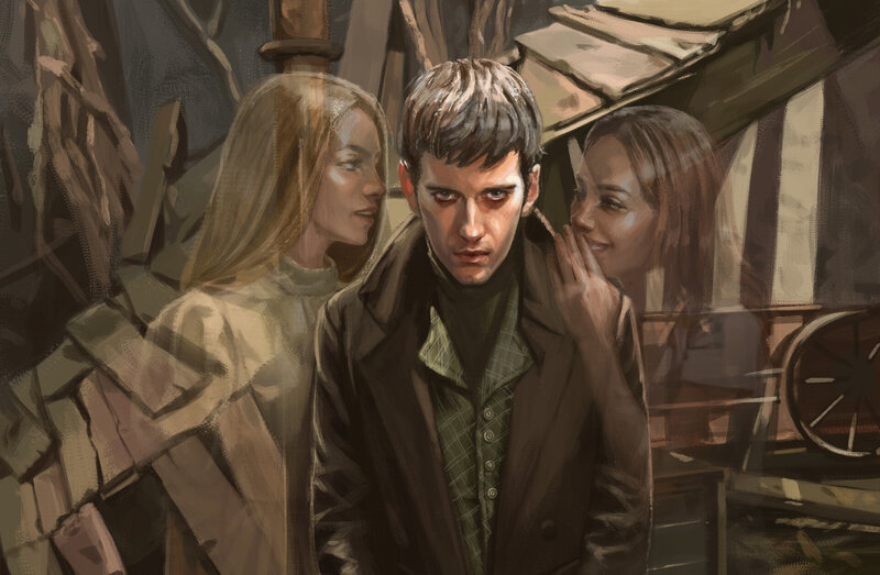 Man with Two Women — Brown, Dramatic
