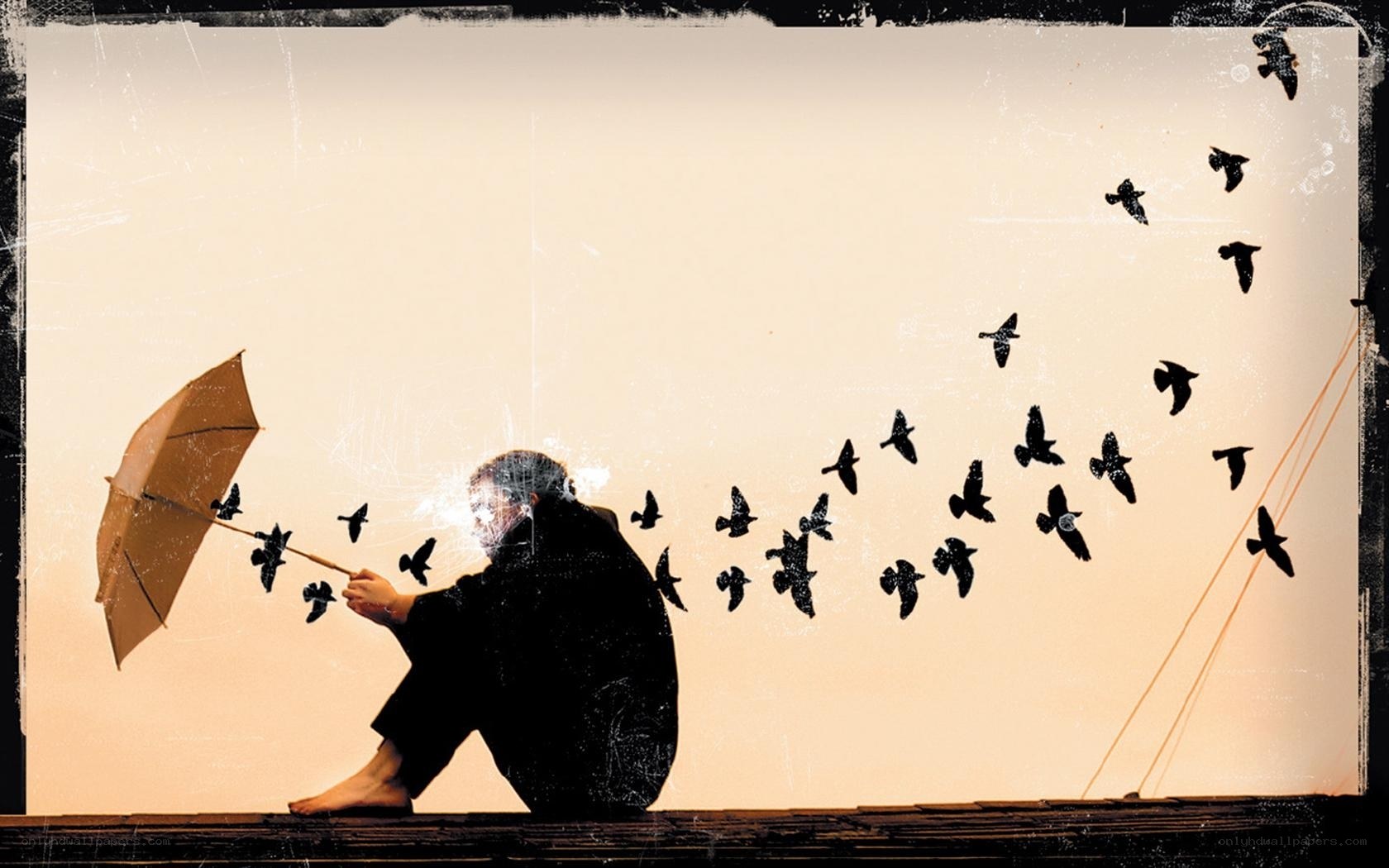 Man with umbrella and birds