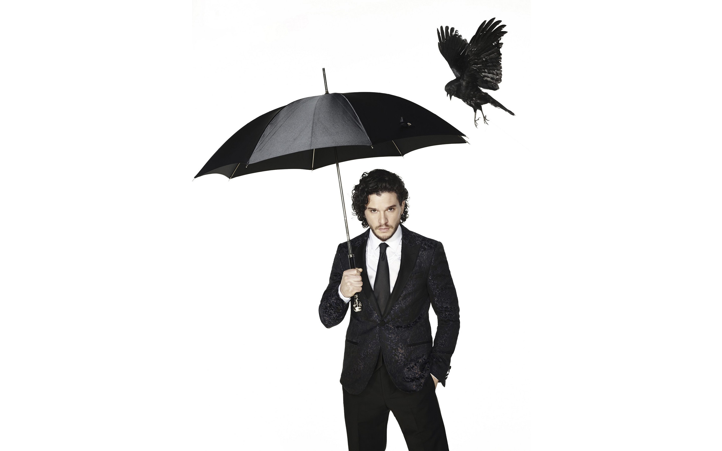man with umbrella and crow