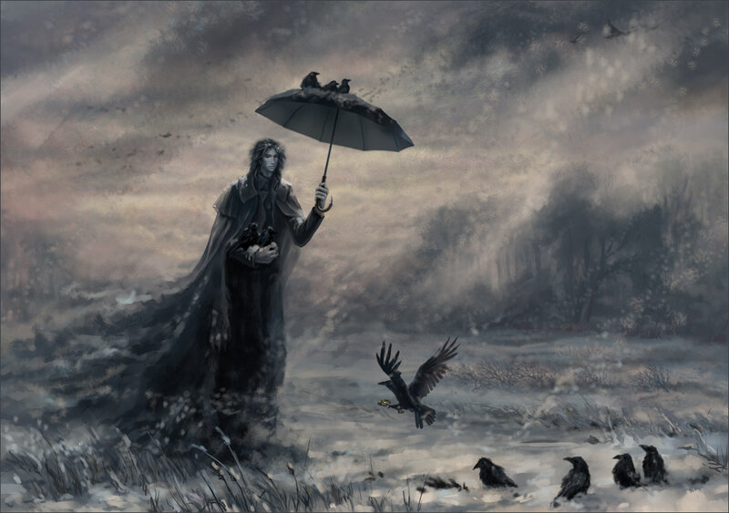 Man with Umbrella and Crows