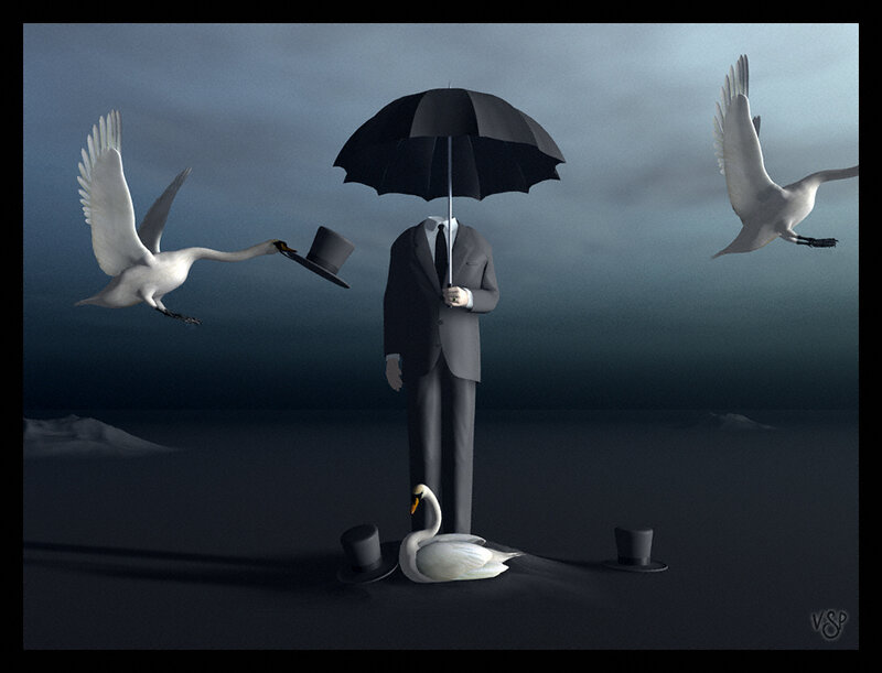 Man with umbrella and swans