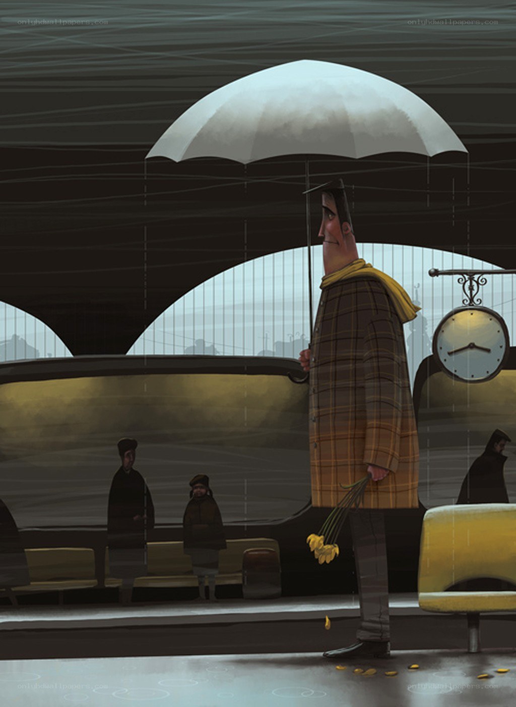 Man with umbrella at train station