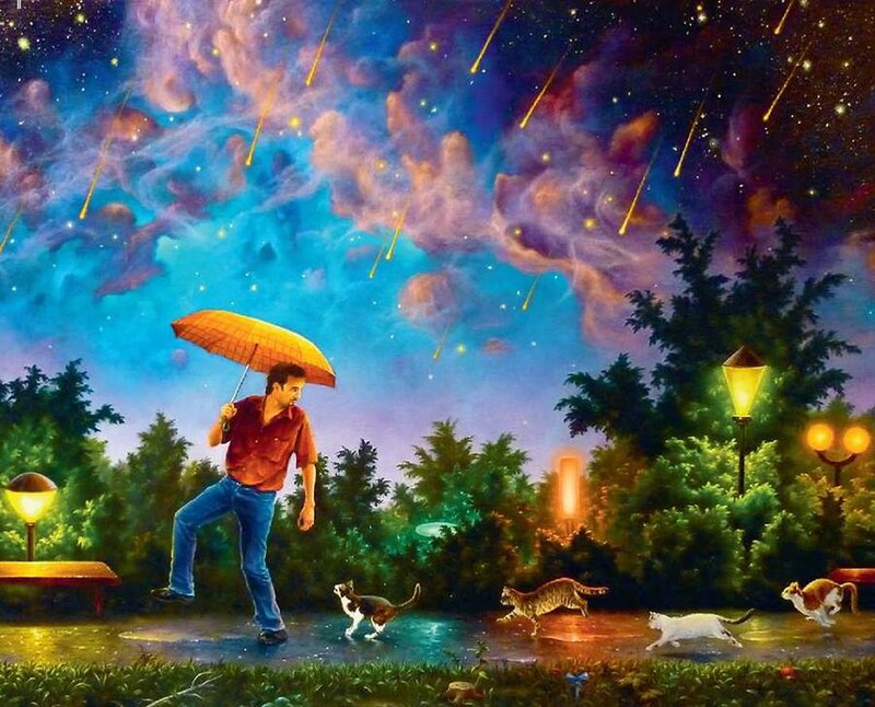 Man with Umbrella in Rain — Blue