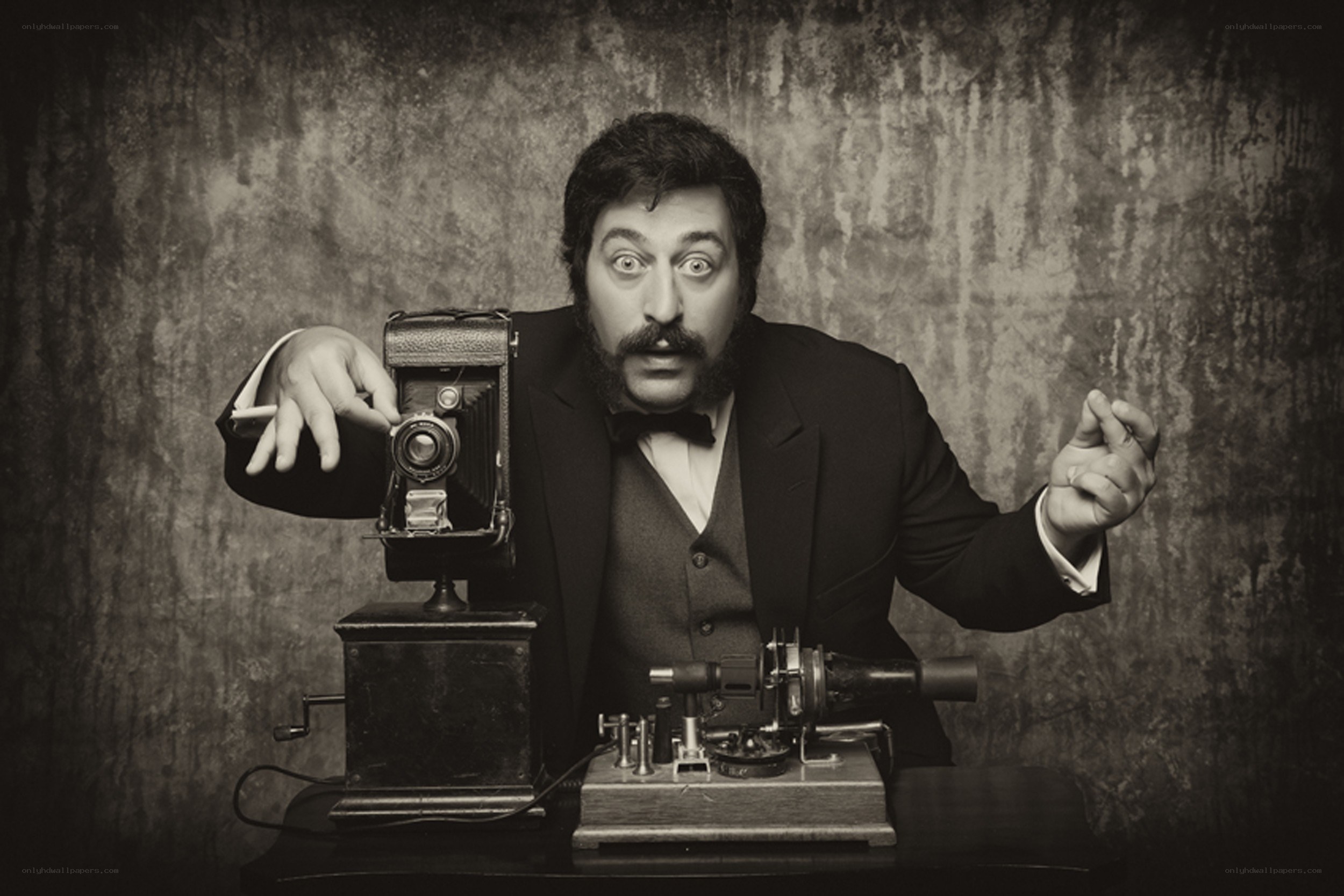 Man with vintage camera and machine