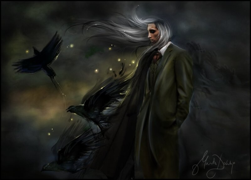 Man with white hair and crows