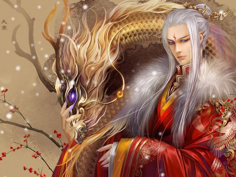 Man with White Hair and Dragon — Red