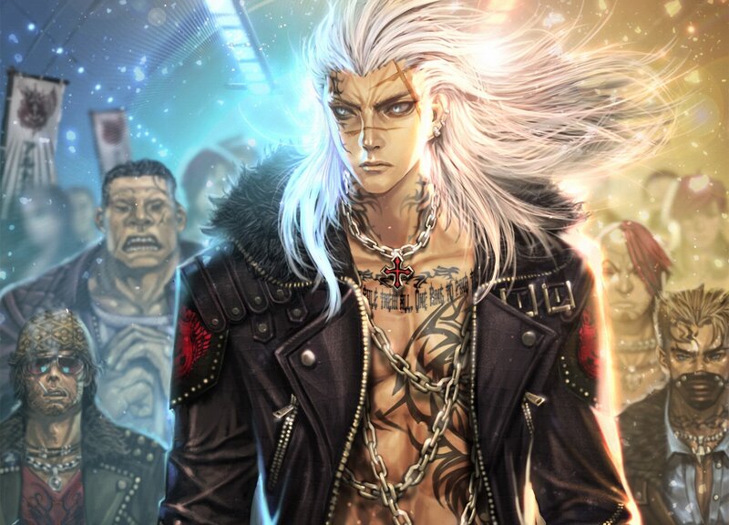 Man with White Hair and Tattoos