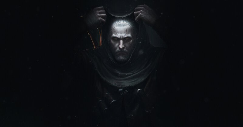 Man with White Hair — Black, Dramatic, Night, Digital Art, Hooded Cloak