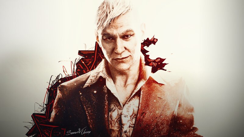 Man with White Hair — Dramatic, Digital Art, Red Abstract Shapes