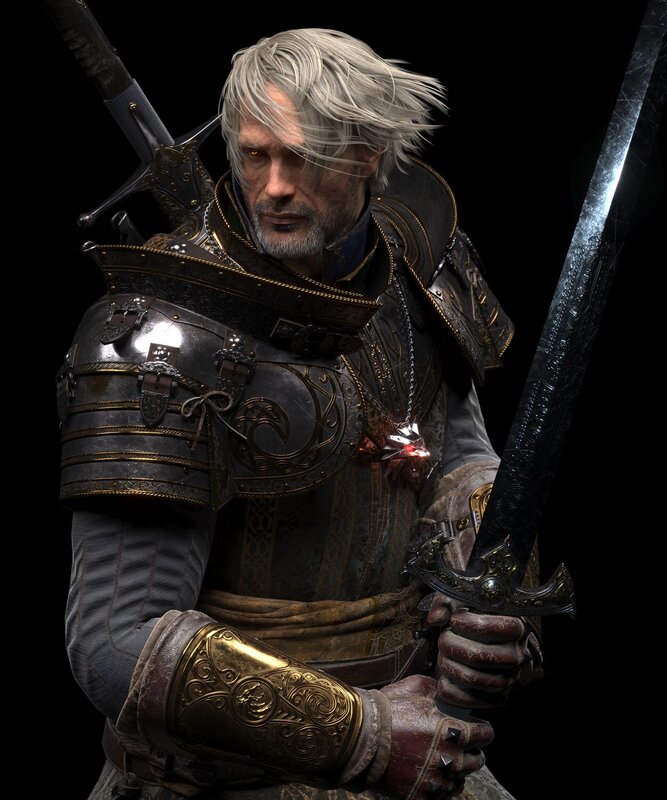 Man with White Hair Holding Sword — Black, Dramatic