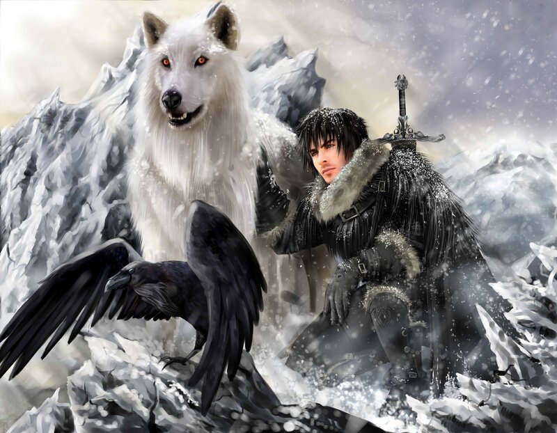 Man with White Wolf — Dramatic, Winter, Digital Art, Raven, Sword, Black, Gray