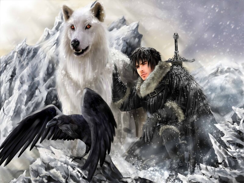 Man with White Wolf — Dramatic, Winter, Digital Art, Raven