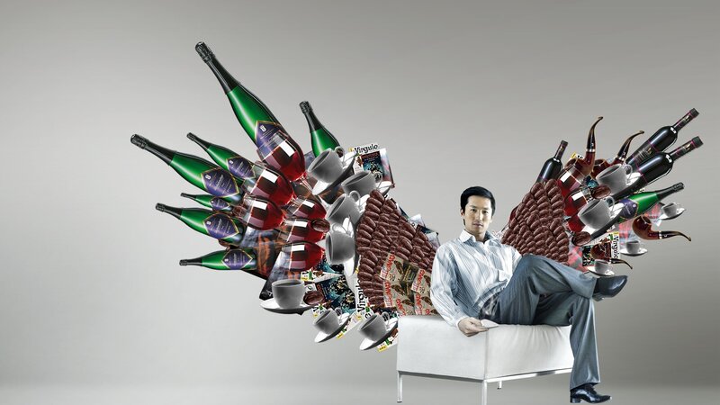 man with wine and coffee objects