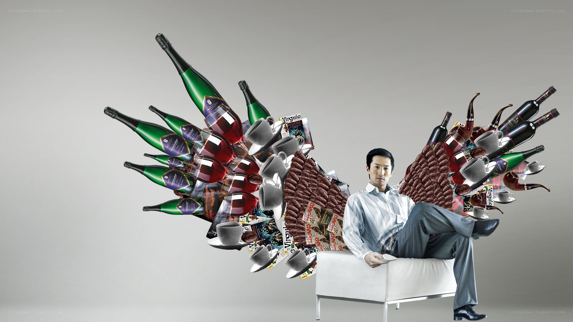 man with wine and coffee objects