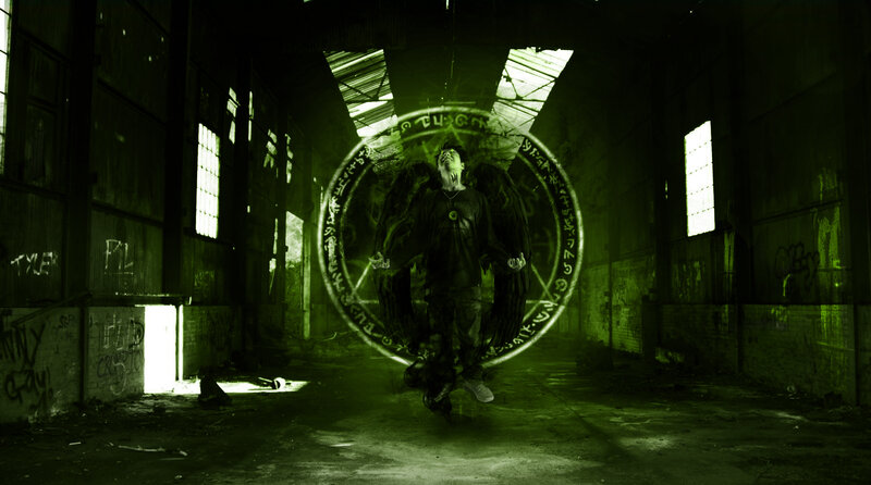 man with wings in abandoned building