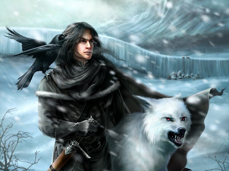 Man with wolf and raven in snow