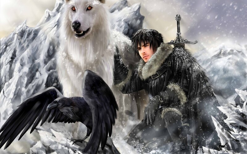 Man with Wolf and Raven — White