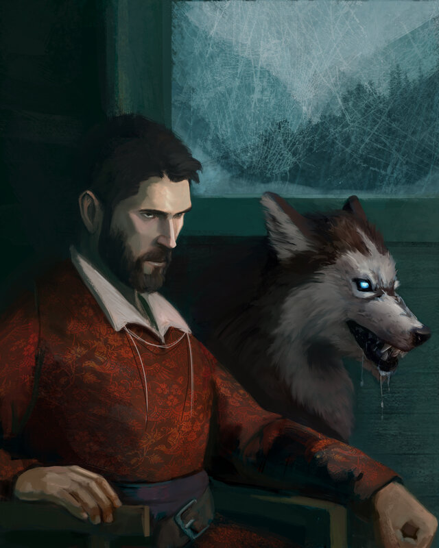 Man with Wolf Companion — Red