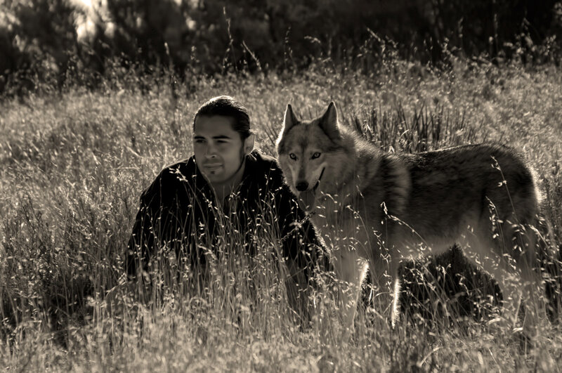 Man with Wolf in Field — Black