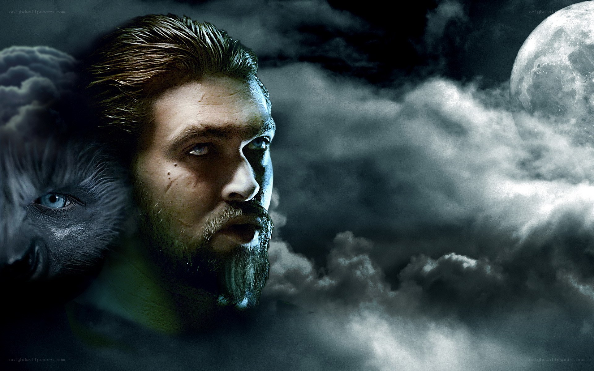 man with wolf in moonlight
