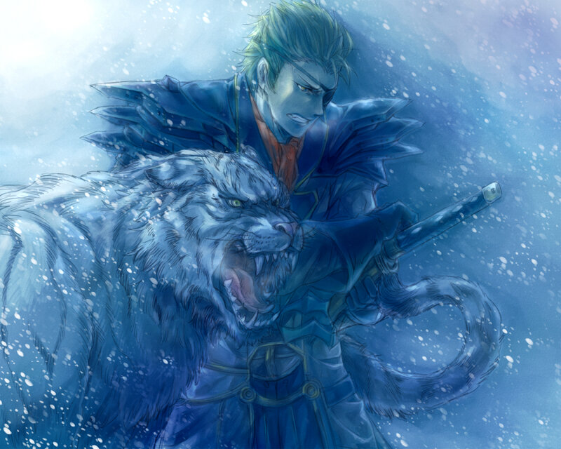 Man with Wolf in Snow — Blue, Dramatic, Winter