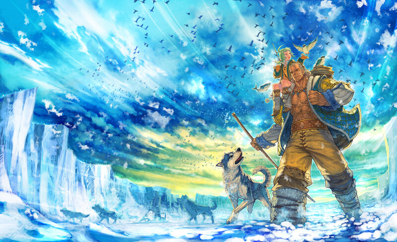 Man with Wolf in Snow — Blue
