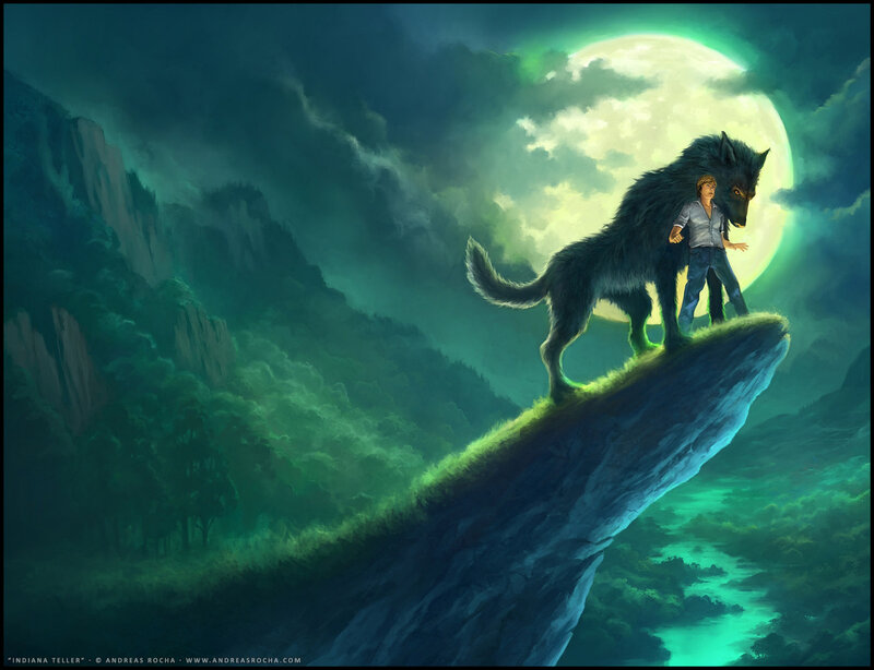 Man with Wolf on Cliff — Green
