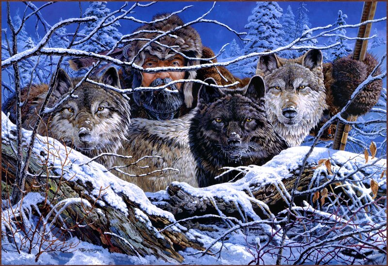 Man with Wolves in Snow — Blue
