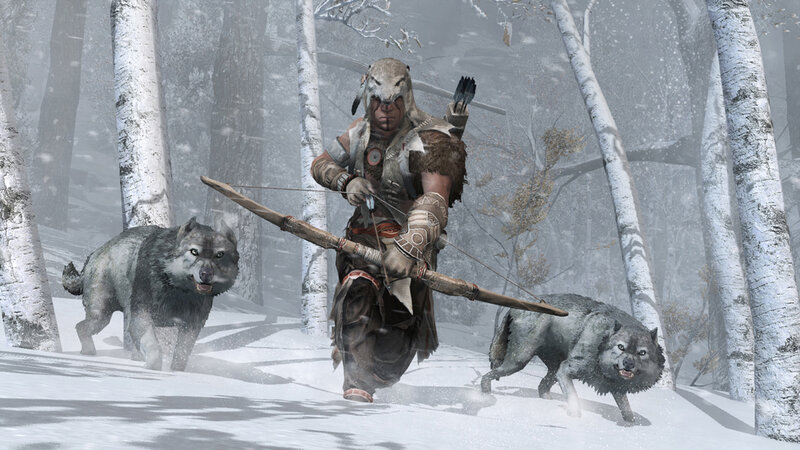 Man with Wolves in Snow — White