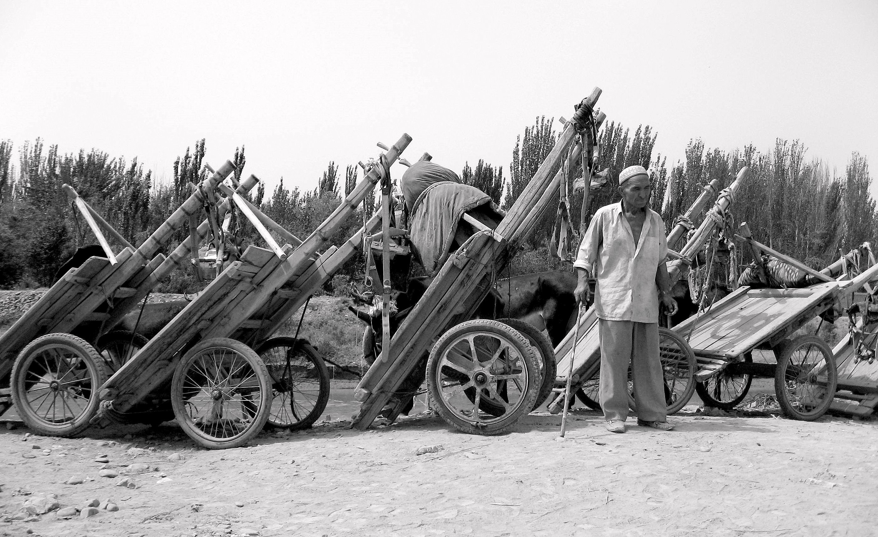 Man with wooden carts