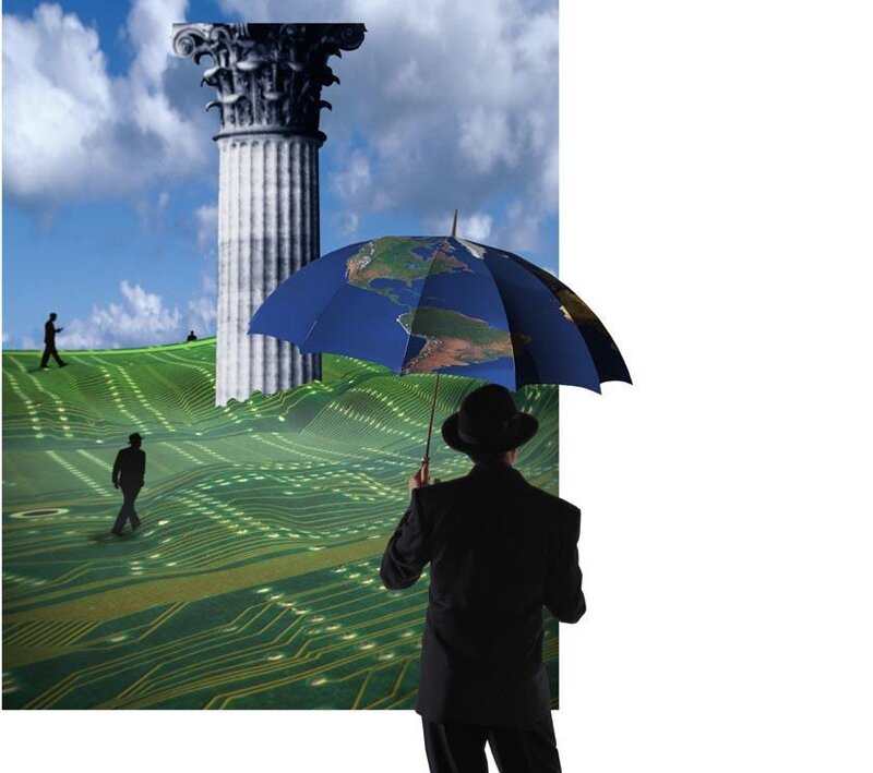 man with world map umbrella