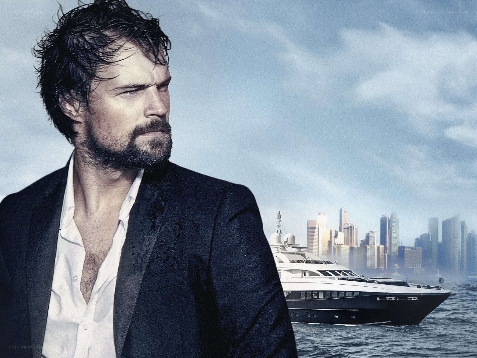 man with yacht and city