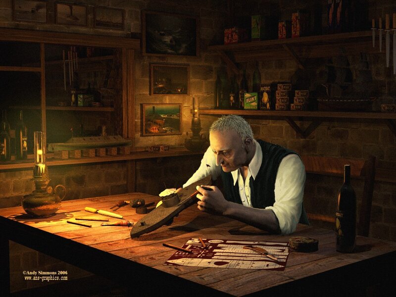 man working on model ship