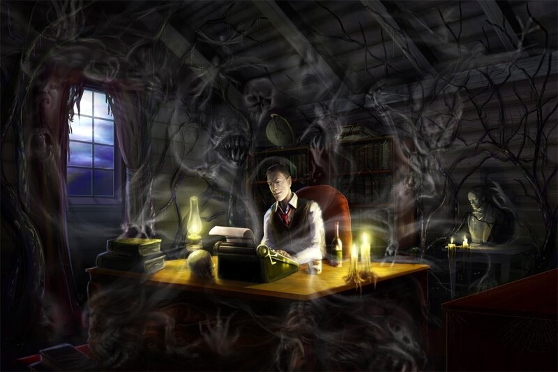 Man Writing at Desk — Black, Dark