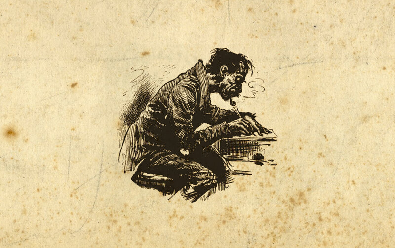 Man Writing at Desk — Black, Dramatic, Illustration