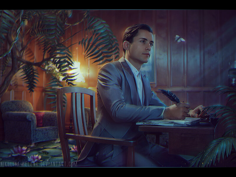 Man Writing at Desk — Blue
