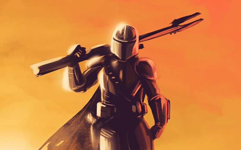 Mandalorian Warrior — Orange, Dramatic, Sunset