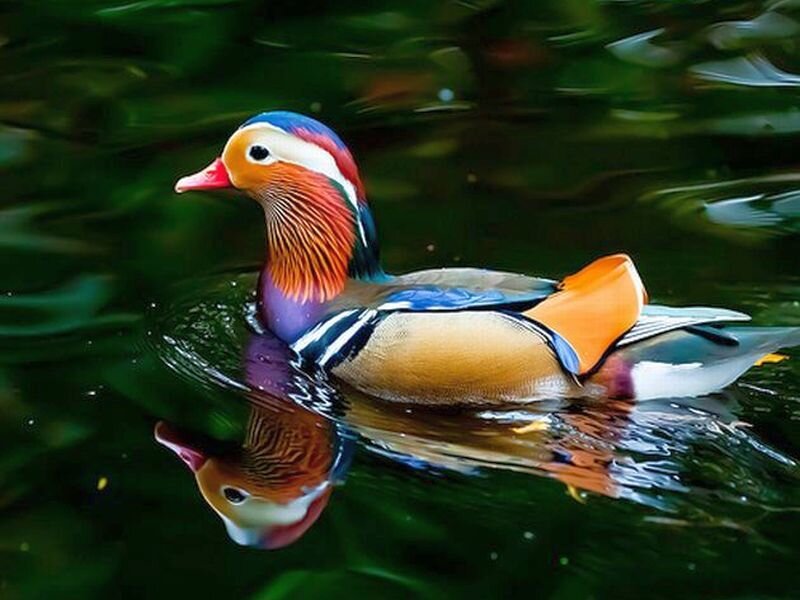 Mandarin Duck Swimming — Green