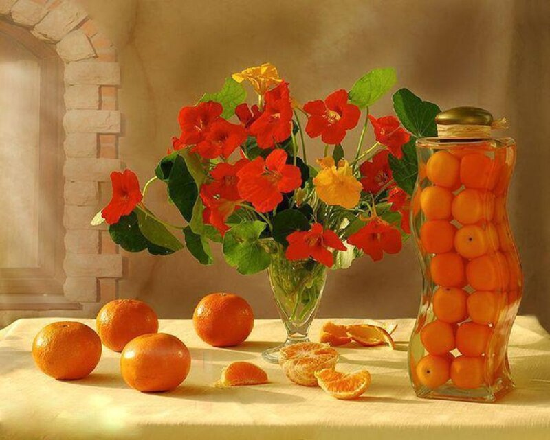 Mandarin Oranges and Flowers