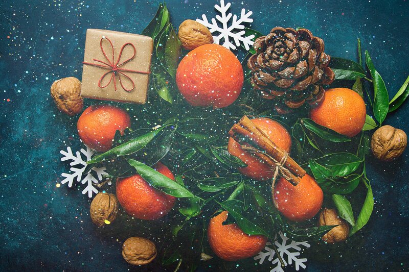 Mandarin Oranges and Pinecone