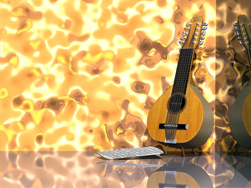 Mandolin on a reflective surface